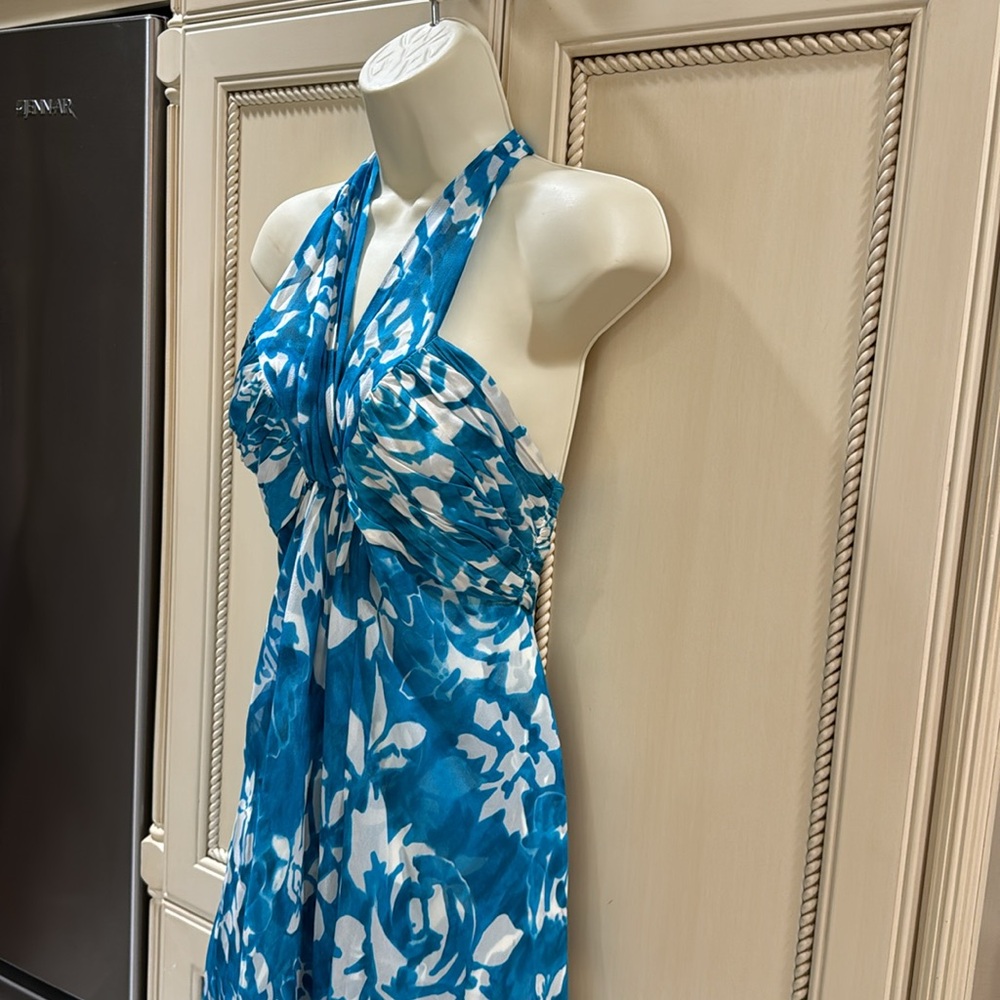 Donna Ricco Turquoise & White Floral Halter Dress Size 2 - Picture 4 of 7